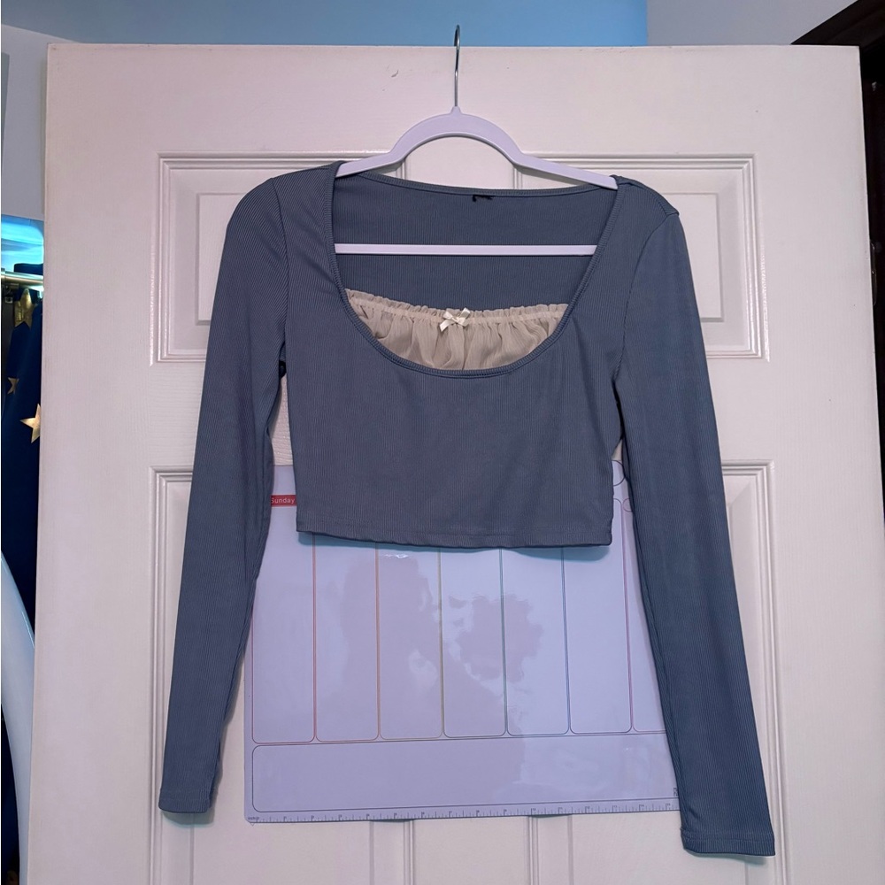 Light Blue Cropped Shirt With Lace Bow Detail